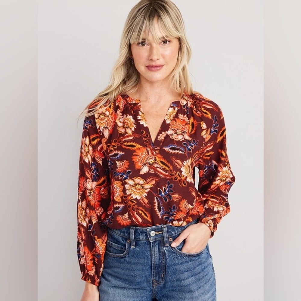 Old Navy Split Neck floral‎ Poet Blouse red orange size medium